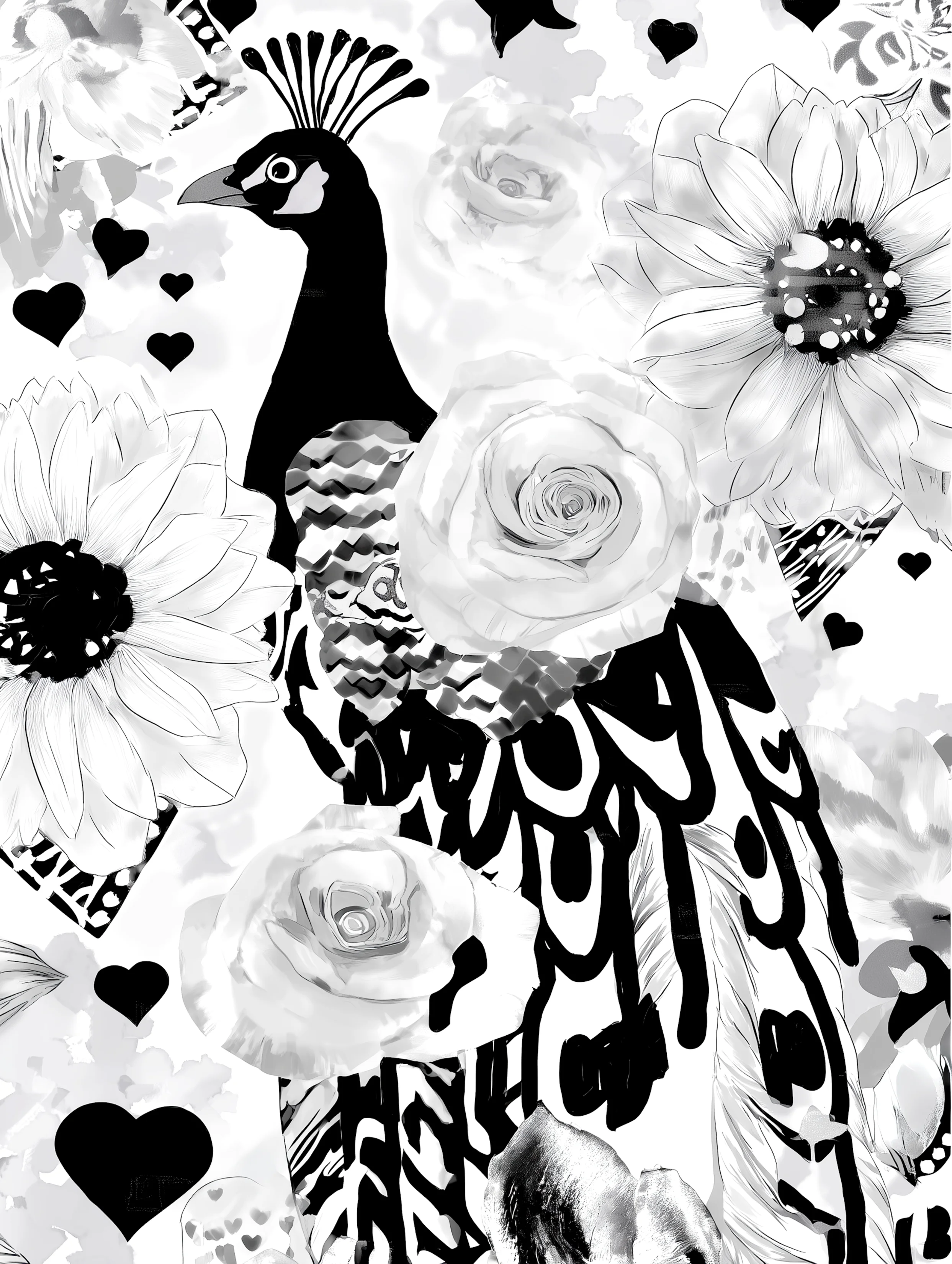 Free printable coloring page of peacock for adults featuring roses and peacock